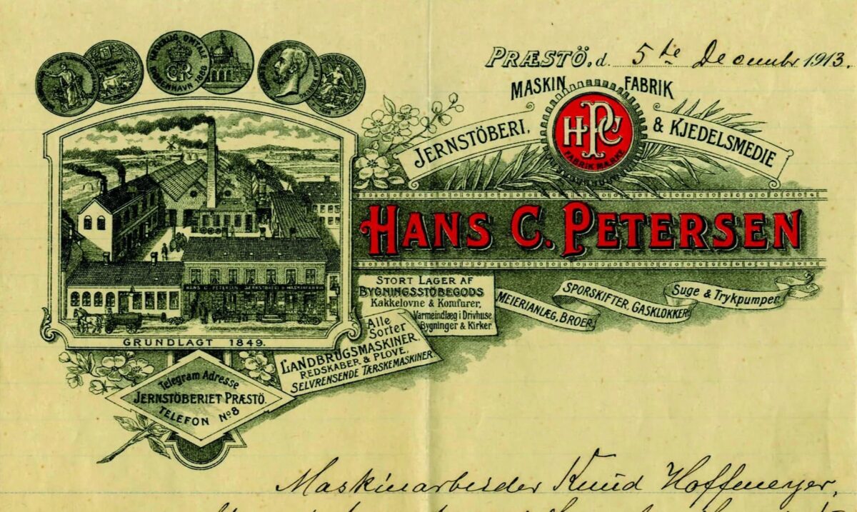 Gammelt brevhoved fra Præstø Jernstøberi v. Hans C. Petersen.