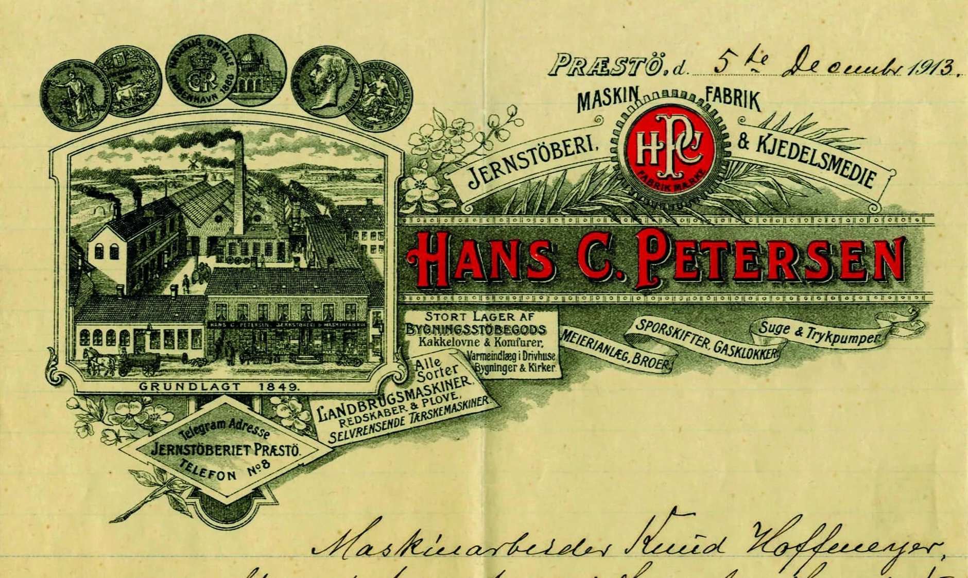 Gammelt brevhoved fra Præstø Jernstøberi v. Hans C. Petersen.